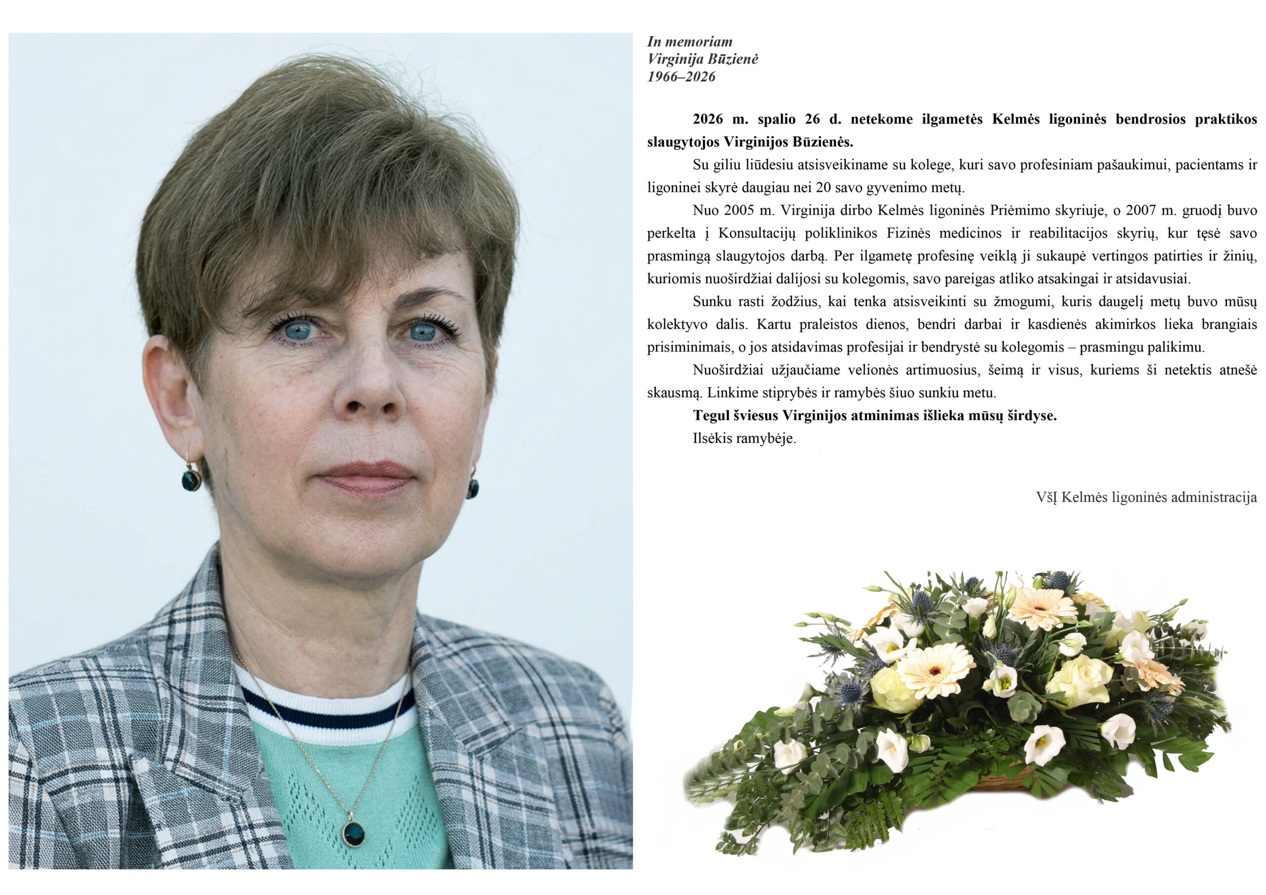 Virginijos Būzienės (1966–2026) atminimui: portretas ir ligoninės administracijos atsisveikinimas